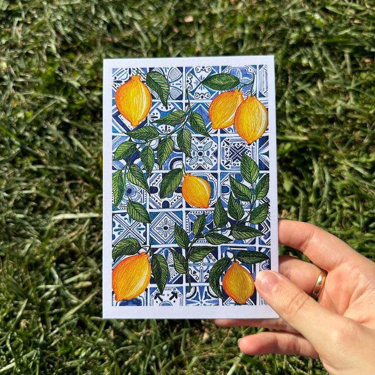Lemons and Blue Tiles Art Print