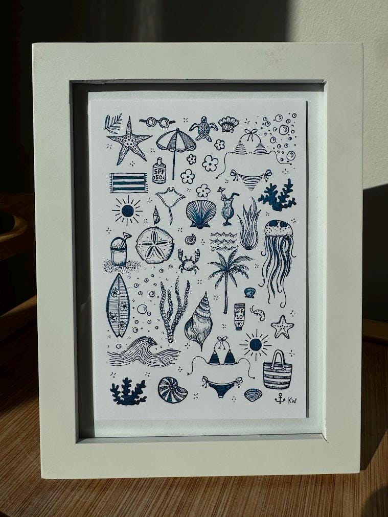 Blue Beach Collage Art Print