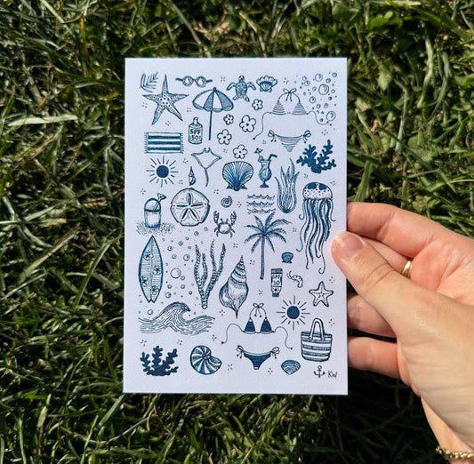 Blue Beach Collage Art Print