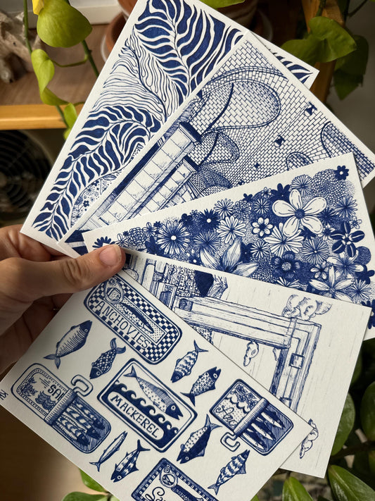 Blue Ink Art Print Bundle of 5